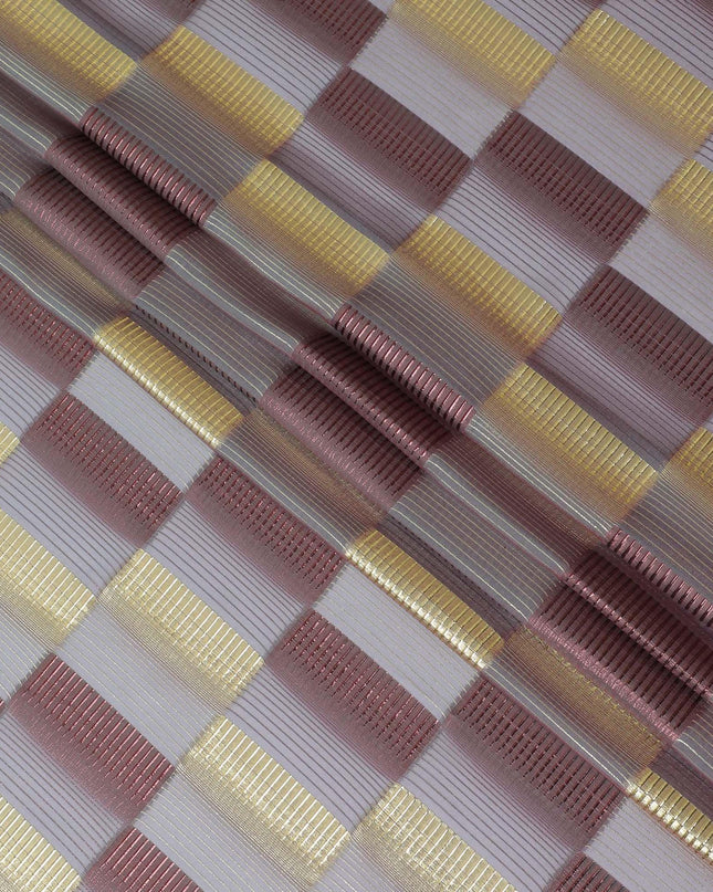 قماش شيفون حريري خالص فاخر باللون الأزرق والوردي مع لوركس معدني ذهبي ونحاسي بتصميم مربعات-D11495