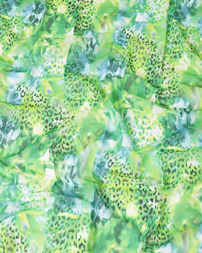 White Swiss 100% cotton voile fabric with baby blue, neon green, off white and bottle green print in floral design-D7200 Regal Fabrics