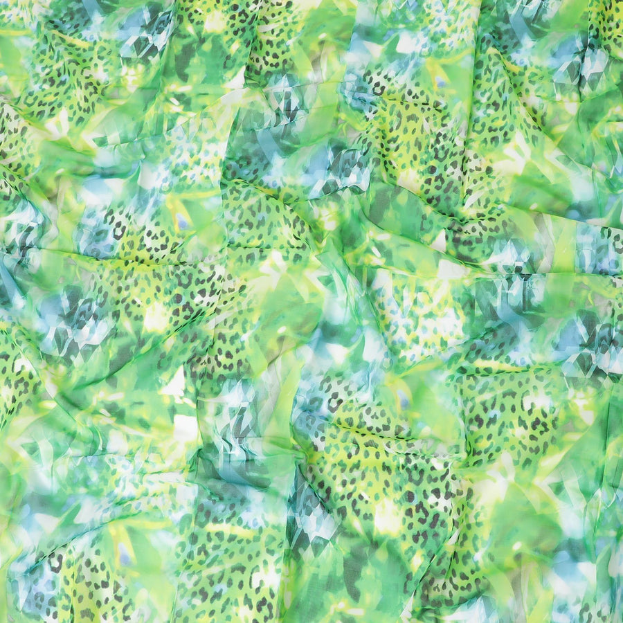 White Swiss 100% cotton voile fabric with baby blue, neon green, off white and bottle green print in floral design-D7200 Regal Fabrics