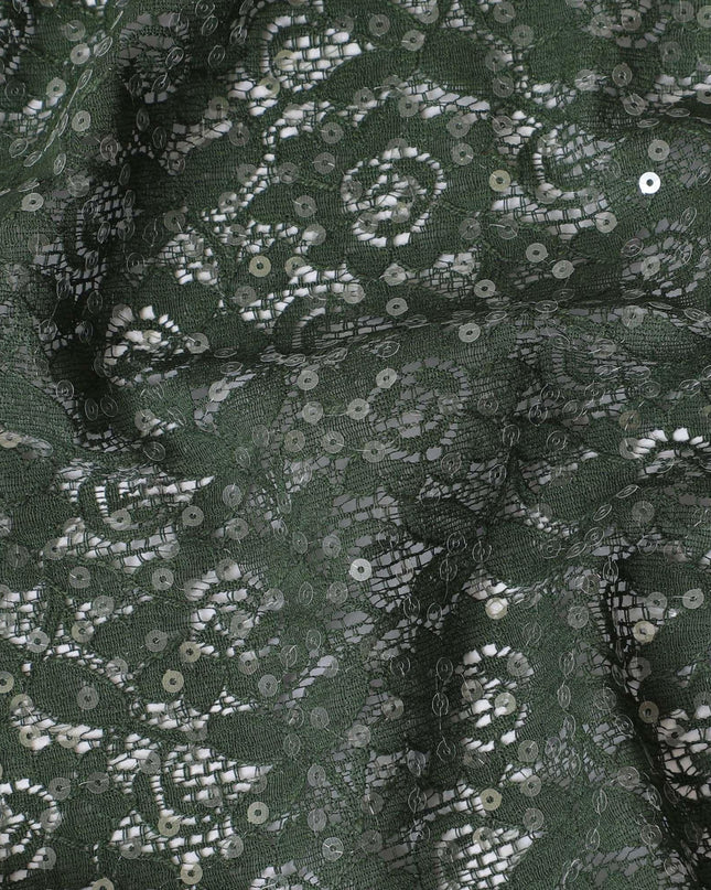 Hunter green guipure lace fabric with same tone embroidery having sequins in floral design-D11793