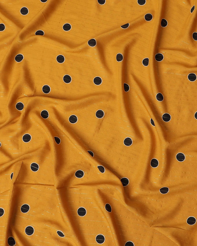 Fire yellow viscose crepe printed fabric with golden lurex in polka dot design-D11169 Regal Fabrics