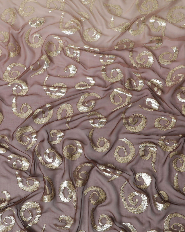 Light brown to brown premium pure silk chiffon fabric with gold metallic lurex in ombre design-D13714
