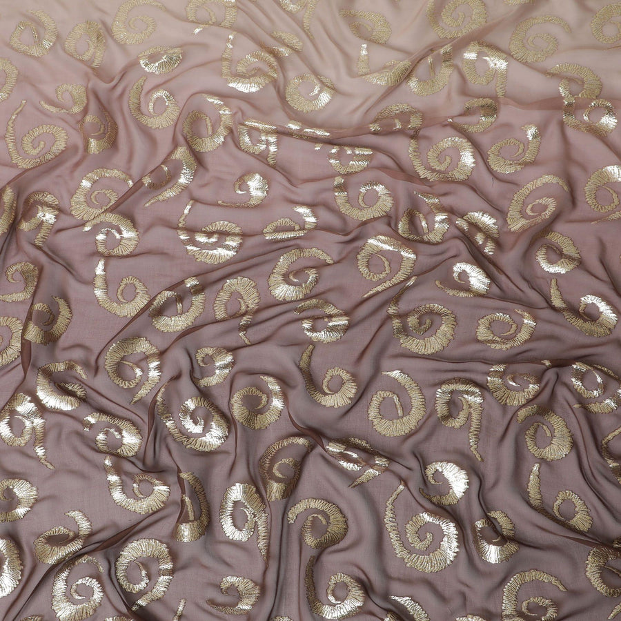 Light brown to brown premium pure silk chiffon fabric with gold metallic lurex in ombre design-D13714