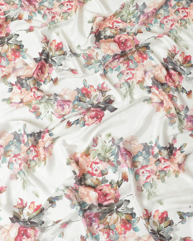 Ivory synthetic satin fabric with multicolor print in floral design-D10276