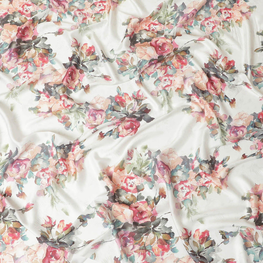 قماش ساتان صناعي عاجي مع طباعة متعددة الألوان بتصميم زهور-D10276