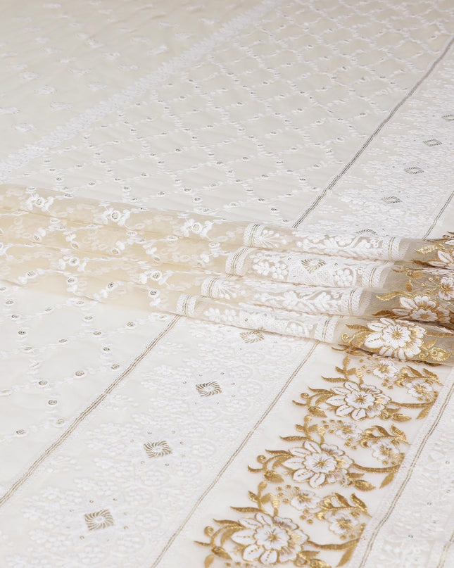 Beige nylon tulle fabric with white and gold embroidery having gold sequins in fancy design-D6907