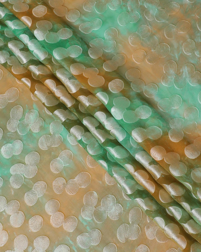 قماش شيفون حريري خالص بني فاخر مع طباعة متعددة الألوان مع فيسكوز فضي بتصميم منقط-D13116