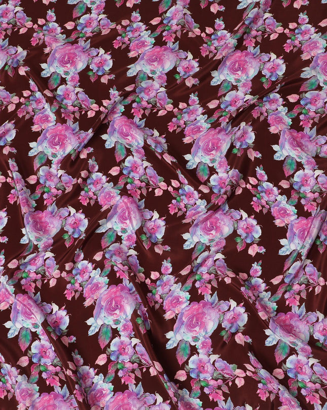 Maroon synthetic crepe fabric with multicolor crepe print in floral design-D14465