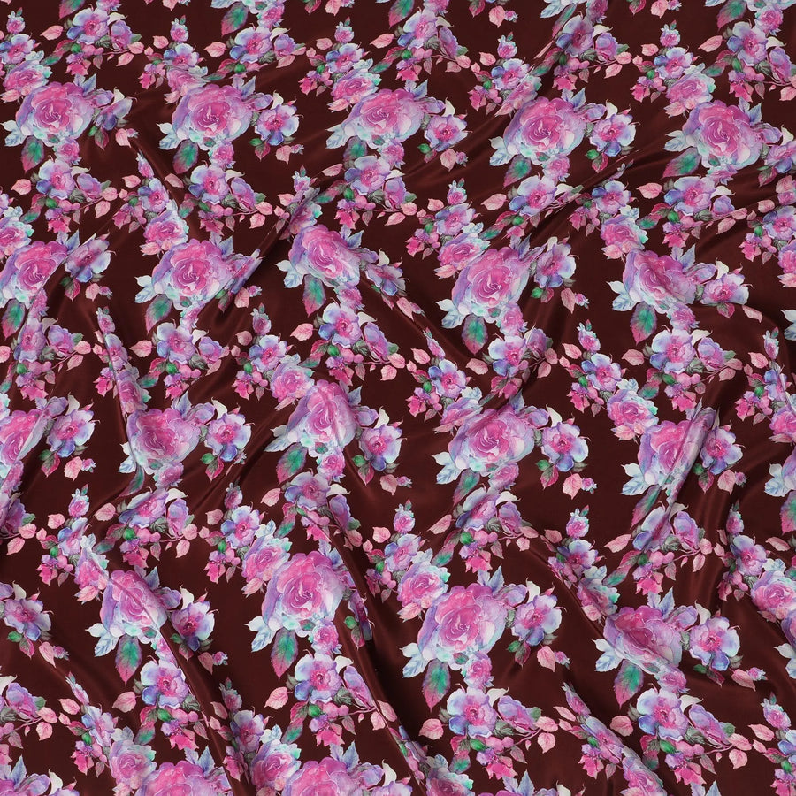 Maroon synthetic crepe fabric with multicolor crepe print in floral design-D14465 Regal Fabrics