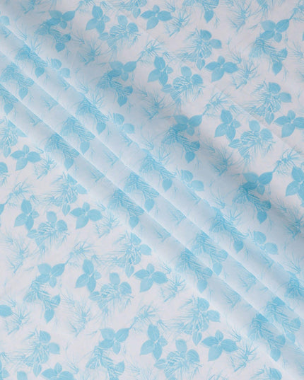 Off white cotton voile fabric with baby blue print in floral design-D15161