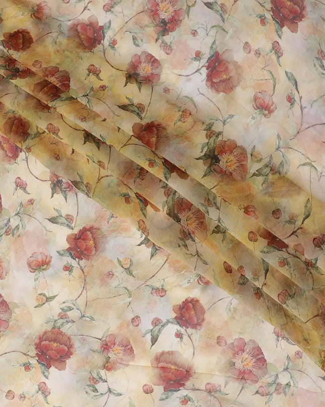 Flax yellow synthetic chiffon fabric with multicolor print in floral design-D13417 Regal Fabrics