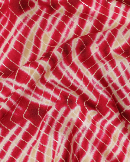 Magenta pink, beige cotton viscose fabric with gold metallic foil print in abstract design-D14188