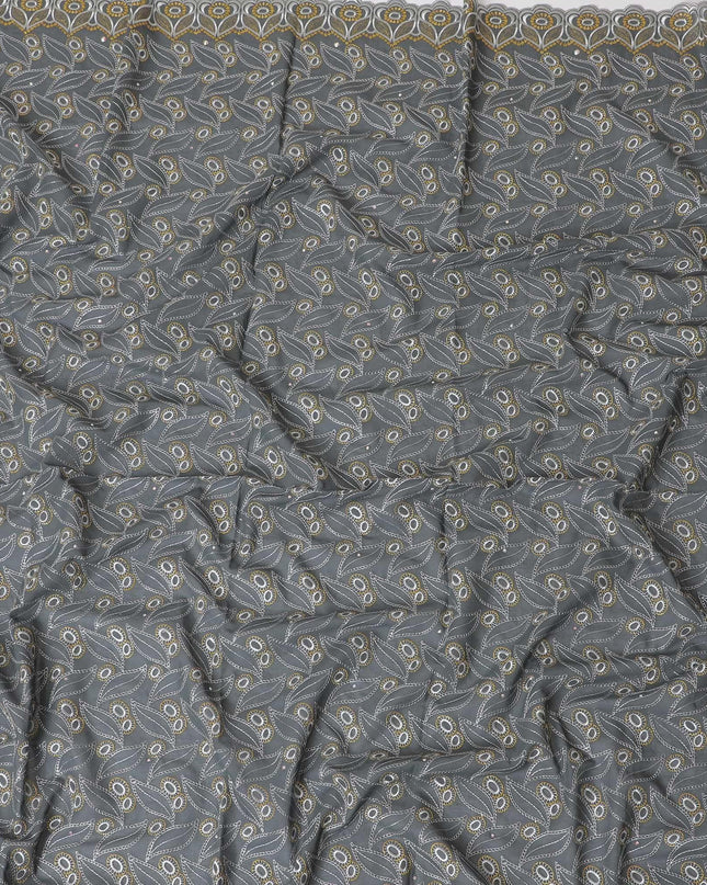 Charcoal grey blue Premium pure 100% Swiss cotton voile (Sudanese Thobe) fabric with white and gold embroidery having stone work in fancy design-D13793