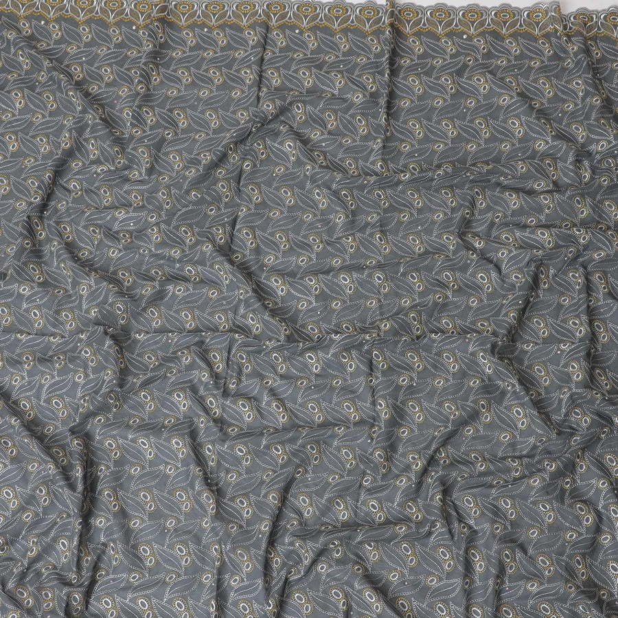 Charcoal grey blue Premium pure 100% Swiss cotton voile (Sudanese Thobe) fabric with white and gold embroidery having stone work in fancy design-D13793