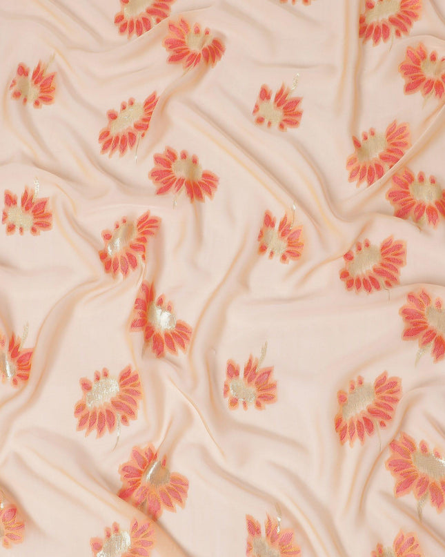 Light peach Premium pure silk chiffon fabric with peach viscose having gold metallic lurex in floral design-D14233