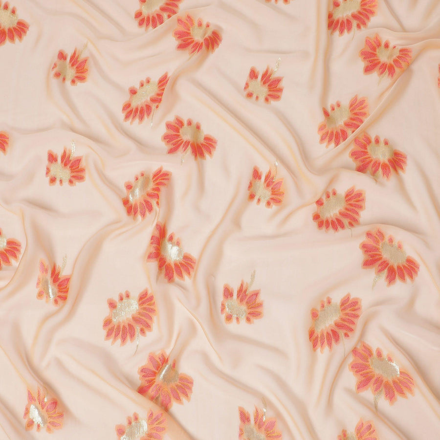 Light peach Premium pure silk chiffon fabric with peach viscose having gold metallic lurex in floral design-D14233