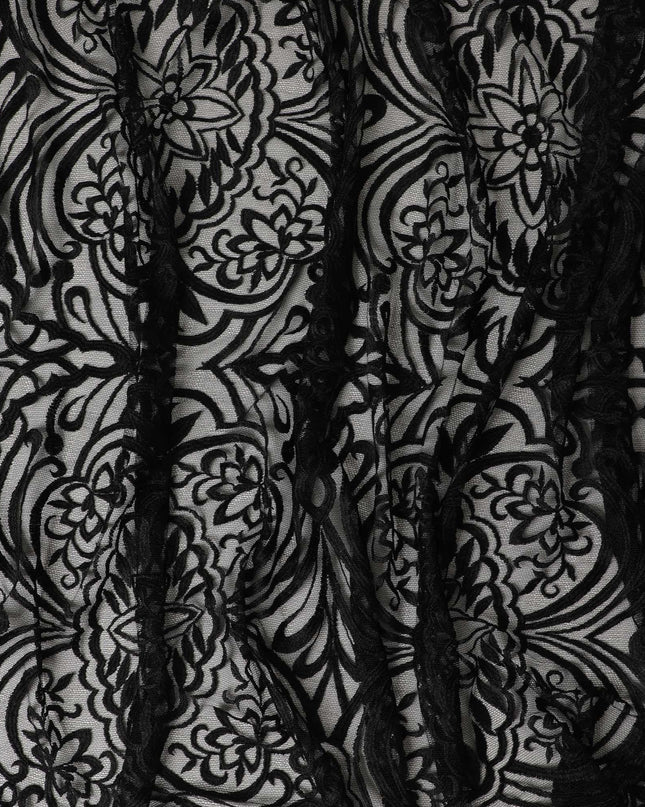 Black lace fabric with same tone embroidery in fancy design-D5977
