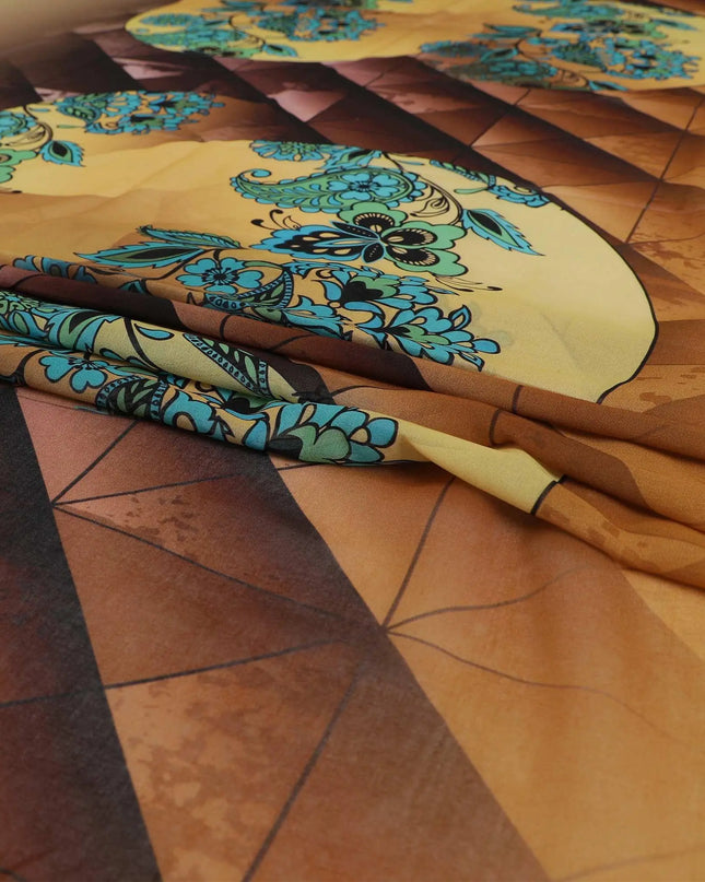 Mustard yellow, sand brown premium 100% cotton voile fabric (Thobe) with multicolor print in floral design-D9146 Regal Fabrics