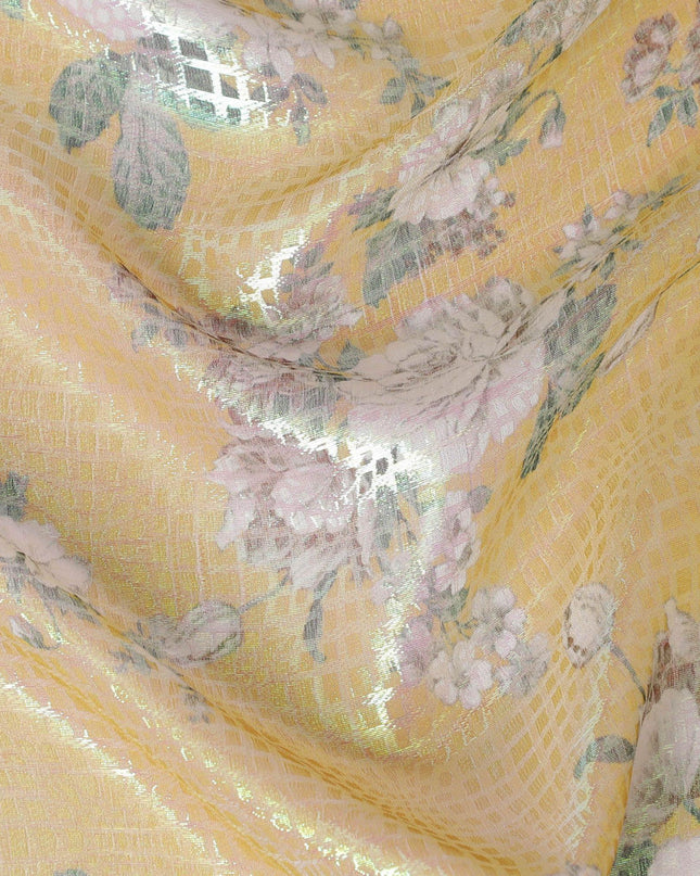 قماش شيفون من الحرير الخالص الفاخر باللون الأصفر الخردلي مع طباعة متعددة الألوان مع لوريكس معدني أخضر نيون بتصميم زهور-D15464