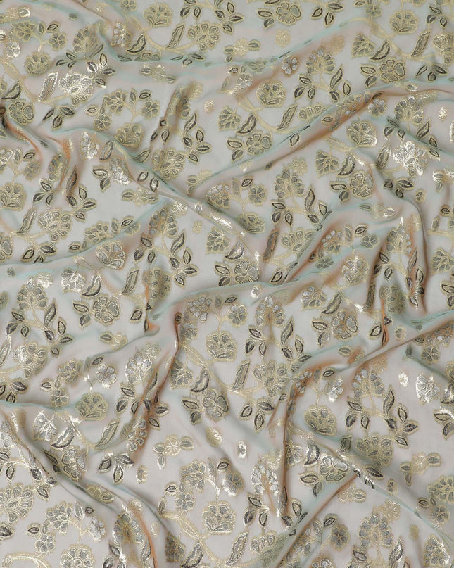 قماش شيفون حريري خالص زيتوني، بني بنفس اللون، فيسكوز أسود به لوركس معدني ذهبي بتصميم زهور - D14124