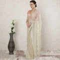 Light gold Premium pure French metallic lace saree in floral design-D14499
