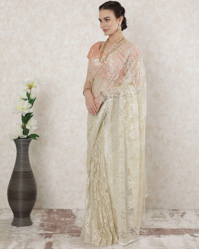 Light gold Premium pure French metallic lace saree in floral design-D14499
