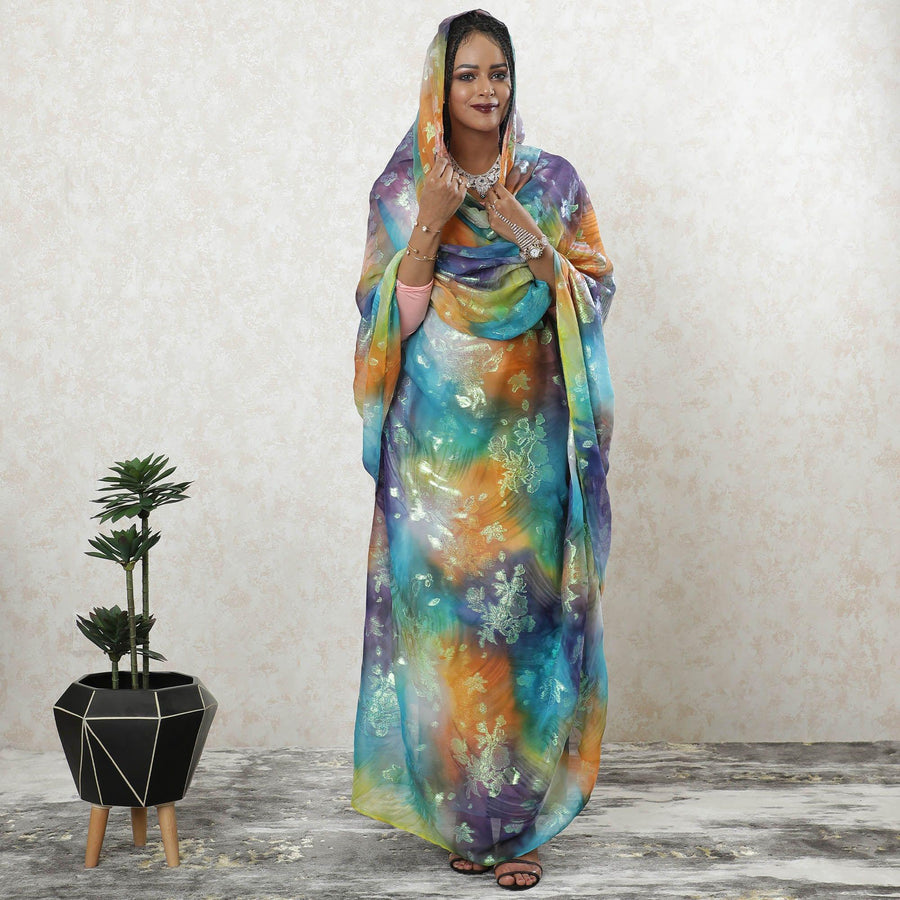 ثوب شيفون حرير خالص فاخر متعدد الألوان مع لوريكس ميتاليك أخضر نيون بتصميم زهور-D9455