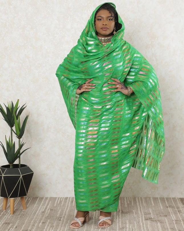 Parrot green premium pure silk chiffon thobe with multicolor metallic lurex in stripe design-D11639 Regal Fabrics