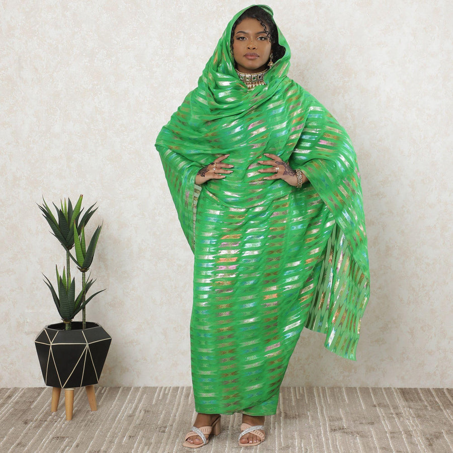ثوب باروت جرين حرير خالص شيفون مع لوركس ميتاليك متعدد الألوان بتصميم مخطط-D11639