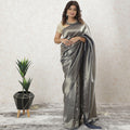 Navy blue plain Premium French lame Saree with gold foil finish-D9566