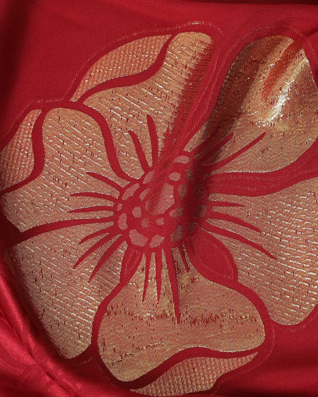 Barn red premium pure silk crepe fabric with gold metallic lurex in floral design-D13709
