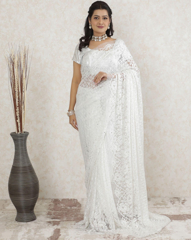 White Premium Pure French chantilly lace saree having stone work in floral design-D13466