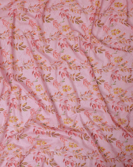 Baby pink premium pure cotton voile fabric with multicolor print and same tone embroidery in fancy design-D13252
