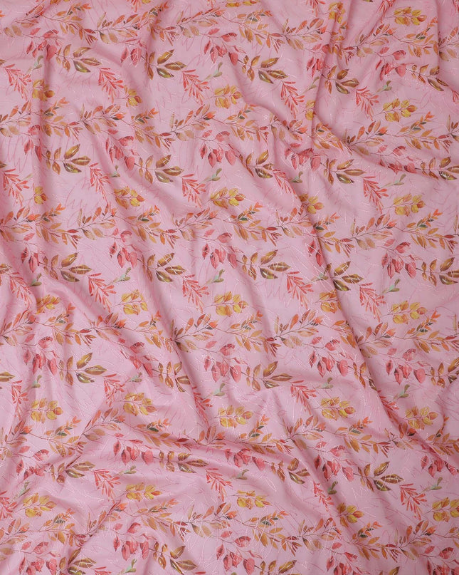 Baby pink premium pure cotton voile fabric with multicolor print and same tone embroidery in fancy design-D13252