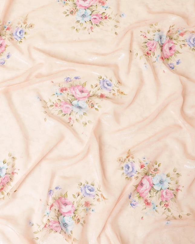 Salmon peach synthetic chiffon fabric with multicolor print having silver metallic lurex in floral design-D9747 Regal Fabrics
