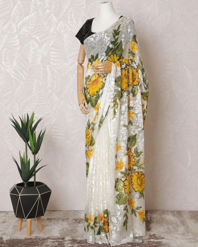 White Premium pure silk chiffon Saree with same tone jacquard, multicolor hand paint having stone work in floral design-D15495 Regal Fabrics