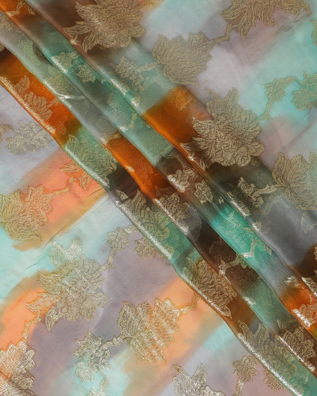 قماش شيفون حريري فرنسي (فرنساوي) فاخر متعدد الألوان مع لوركس معدني ذهبي بتصميم زهور-D14002
