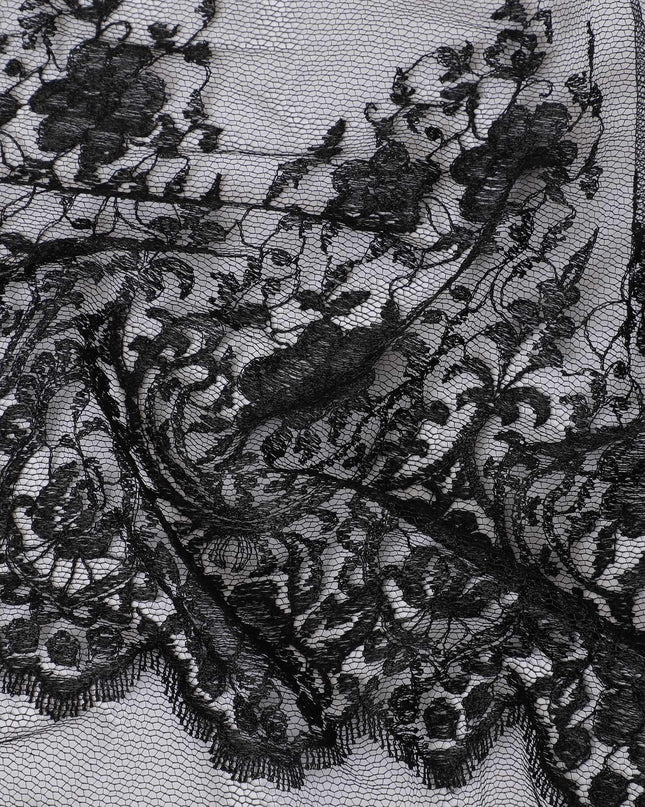 Black lace fabric with  same tone embroidery in floral design-D11749