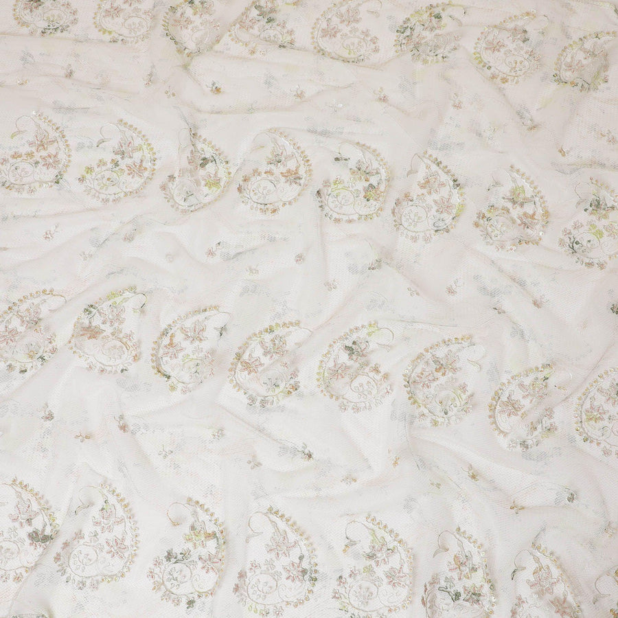Light beige lace fabric with same tone embroidery having multicolor print, beads and sequins in floral design-D7735