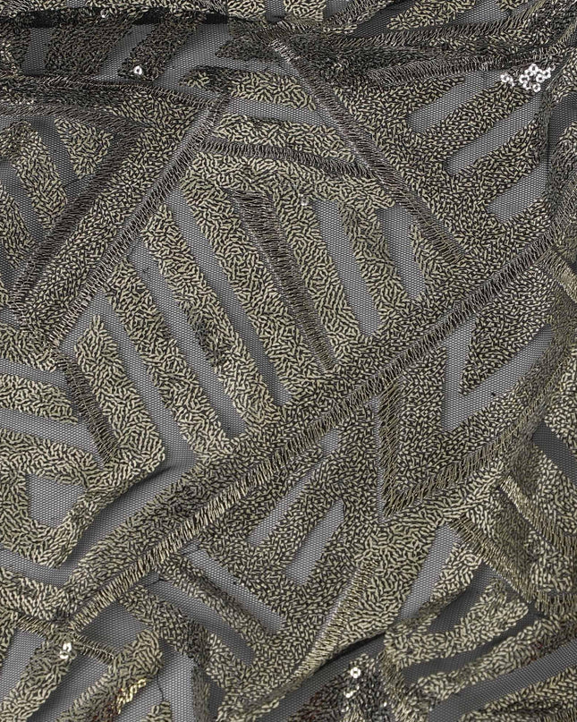 Black nylon tulle fabric with gold sequins and metallic gold embroidery in geometric design