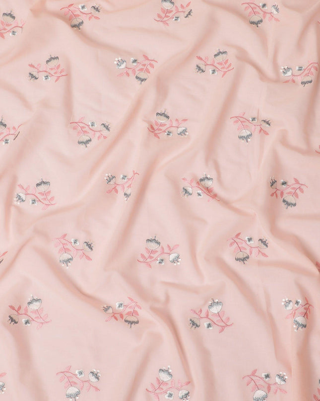 قماش فوال قطني من سمك السلمون والخوخ مع تطريز باللون الوردي والرمادي والبيج بتصميم الأزهار-D12381