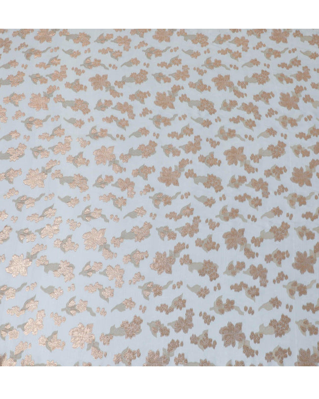 Baby blue Premium pure French (Fransawi) silk chiffon fabric with beige viscose and copper gold metallic lurex in floral design-D14280