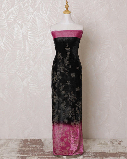 Black, fuchsia pink silk blended velvet fabric with glod print having stone work in floral design-D15094