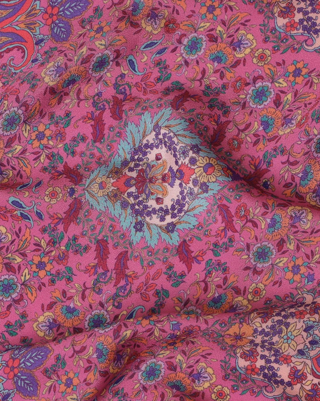 Taffy pink synthetic crepe fabric with multicolor print in floral design-D15036 Regal Fabrics
