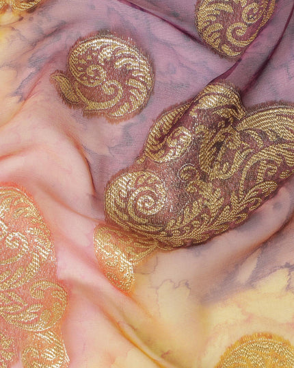 قماش شيفون حريري فرنسي (فرنساوي) فاخر متعدد الألوان مع لوركس معدني ذهبي بتصميم زهور-D14015