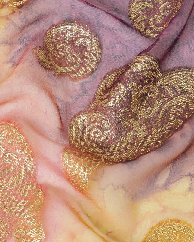 قماش شيفون حريري فرنسي (فرنساوي) فاخر متعدد الألوان مع لوركس معدني ذهبي بتصميم زهور-D14015