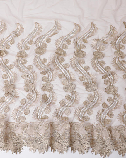 Pale brown nylon tulle fabric with same tone embroidery in floral design-D11747