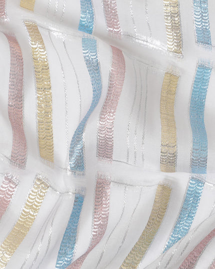 قماش شيفون من الحرير الخالص باللون الأبيض الفاتح مع لوركس معدني متعدد الألوان بتصميم تجريدي -D13845