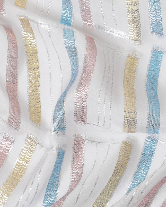 قماش شيفون من الحرير الخالص باللون الأبيض الفاتح مع لوركس معدني متعدد الألوان بتصميم تجريدي -D13845