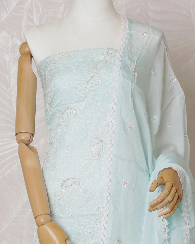 Electric blue Premium pure silk organza kameez with off white embroidery and multicolor sequin  in floral design. Electric blue plain salwar having same tone organza dupatta with floral embrodiery-D15002 Regal Fabrics